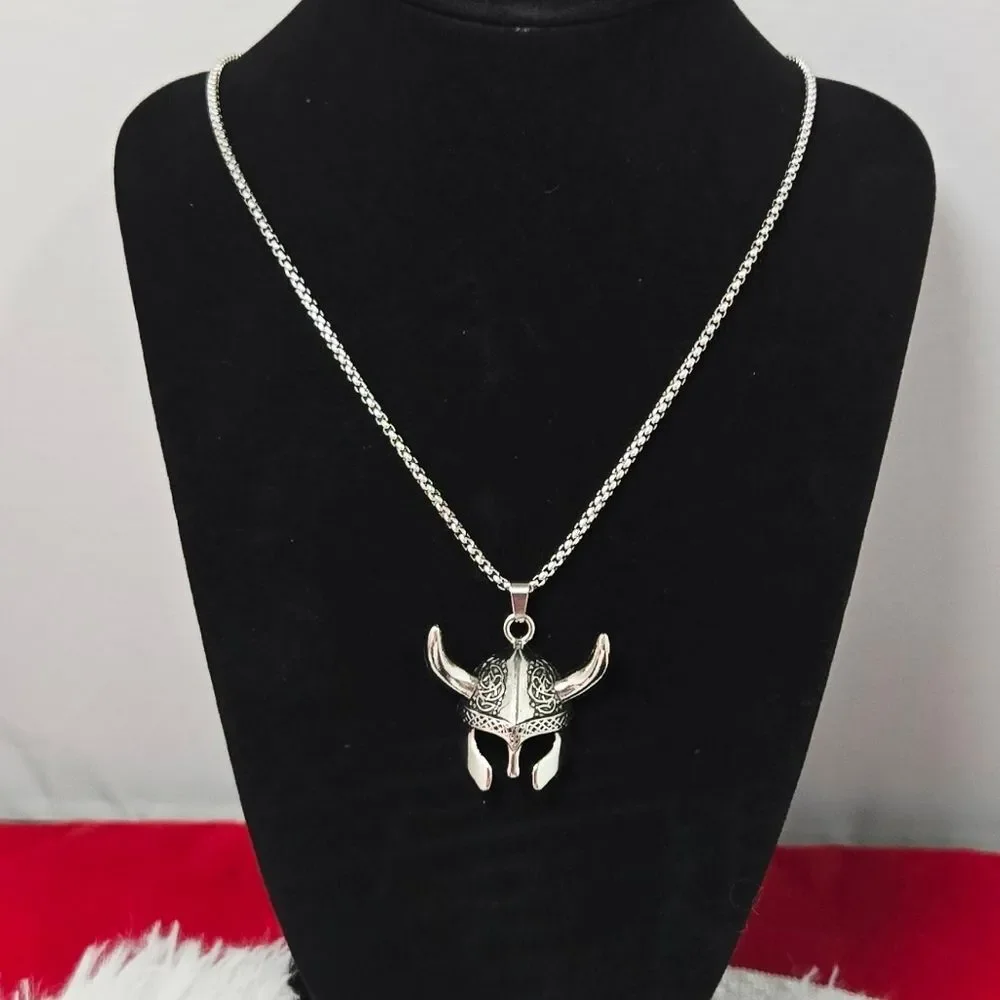 Viking Helmet Mask Pendant Necklace Nordic Celtic Stainless Steel Box Chain 24